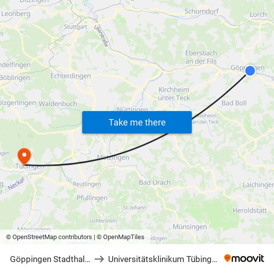 Göppingen Stadthalle to Universitätsklinikum Tübingen map