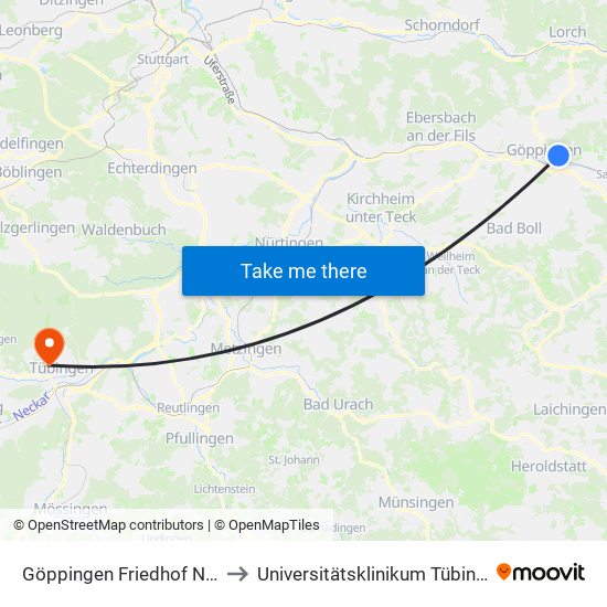 Göppingen Friedhof Nord to Universitätsklinikum Tübingen map