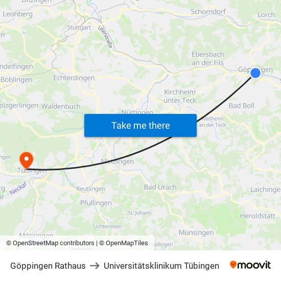 Göppingen Rathaus to Universitätsklinikum Tübingen map