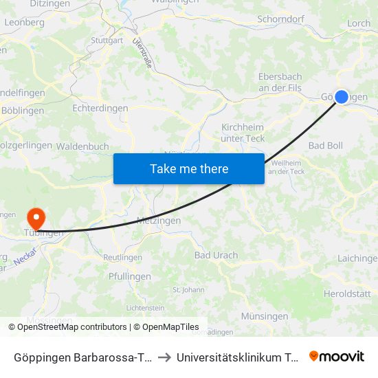 Göppingen Barbarossa-Thermen to Universitätsklinikum Tübingen map