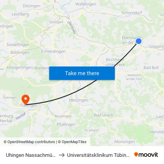 Uhingen Nassachmühle to Universitätsklinikum Tübingen map