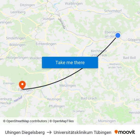 Uhingen Diegelsberg to Universitätsklinikum Tübingen map