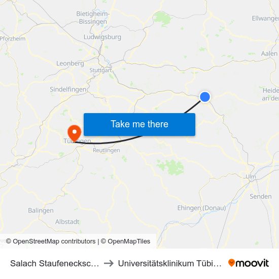 Salach Staufeneckschule to Universitätsklinikum Tübingen map