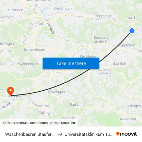 Wäschenbeuren Stauferschule to Universitätsklinikum Tübingen map