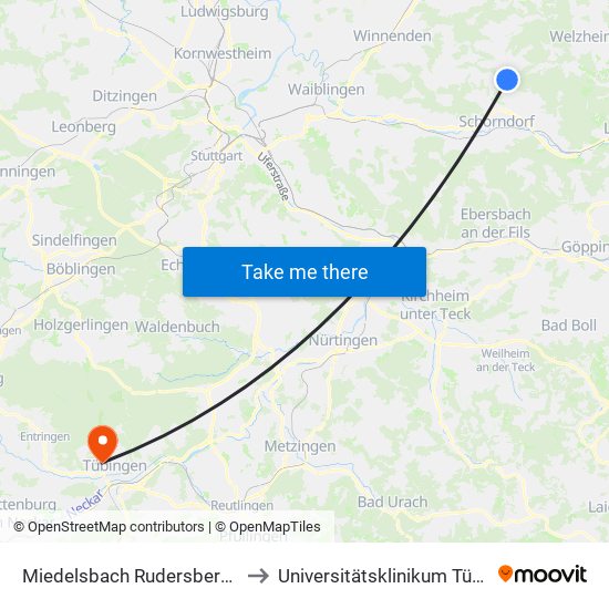 Miedelsbach Rudersberger Str. to Universitätsklinikum Tübingen map