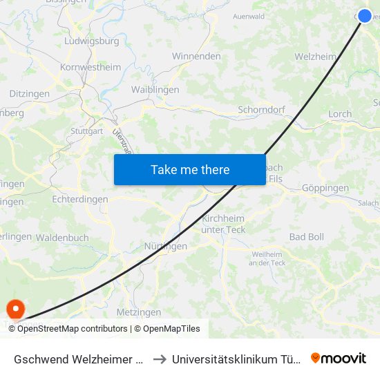 Gschwend Welzheimer Straße to Universitätsklinikum Tübingen map