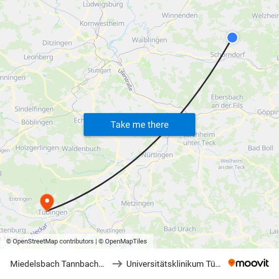 Miedelsbach Tannbachbrücke to Universitätsklinikum Tübingen map