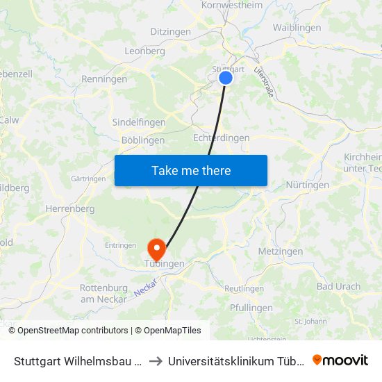 Stuttgart Wilhelmsbau (Sev) to Universitätsklinikum Tübingen map