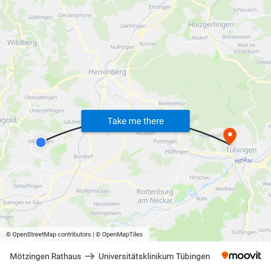 Mötzingen Rathaus to Universitätsklinikum Tübingen map