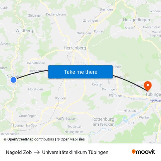 Nagold Zob to Universitätsklinikum Tübingen map