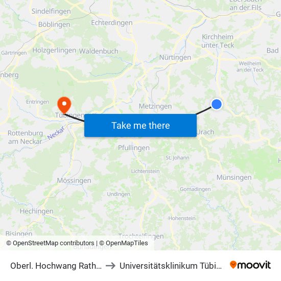Oberl. Hochwang Rathaus to Universitätsklinikum Tübingen map