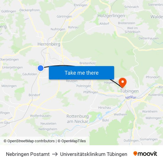 Nebringen Postamt to Universitätsklinikum Tübingen map