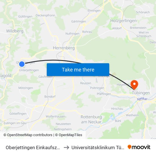 Oberjettingen Einkaufszentrum to Universitätsklinikum Tübingen map