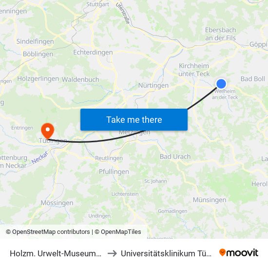 Holzm. Urwelt-Museum-Hauff to Universitätsklinikum Tübingen map