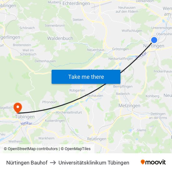 Nürtingen Bauhof to Universitätsklinikum Tübingen map