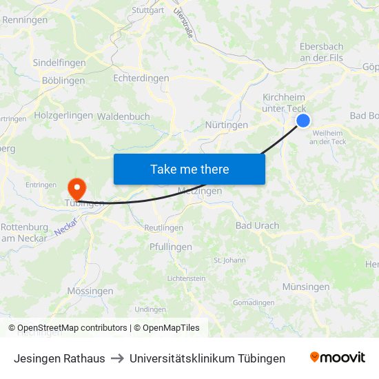 Jesingen Rathaus to Universitätsklinikum Tübingen map