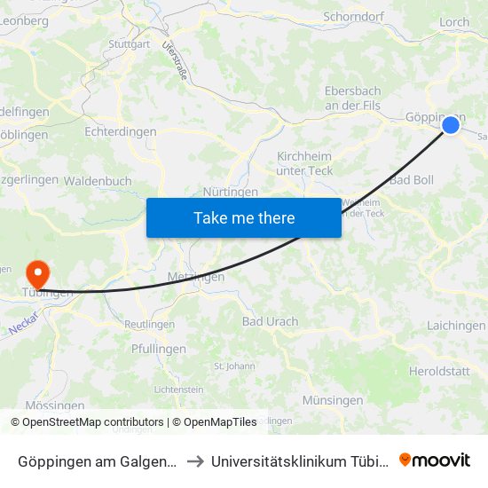 Göppingen am Galgenberg to Universitätsklinikum Tübingen map