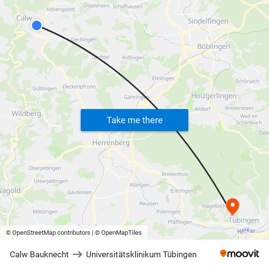 Calw Bauknecht to Universitätsklinikum Tübingen map