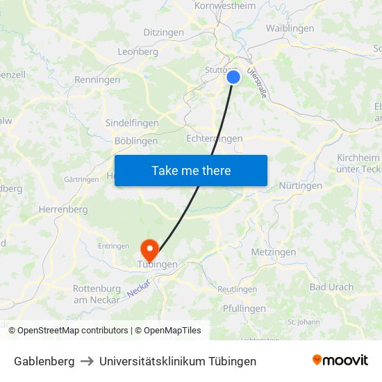 Gablenberg to Universitätsklinikum Tübingen map