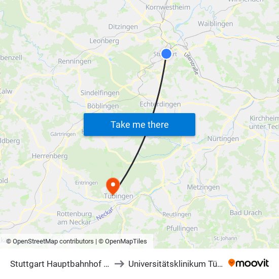 Stuttgart Hauptbahnhof (Oben) to Universitätsklinikum Tübingen map