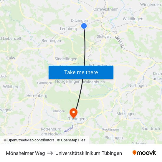 Mönsheimer Weg to Universitätsklinikum Tübingen map