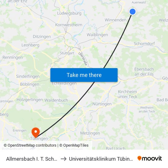 Allmersbach I. T. Schule to Universitätsklinikum Tübingen map