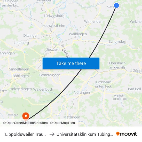 Lippoldsweiler Traube to Universitätsklinikum Tübingen map