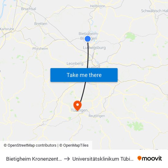 Bietigheim Kronenzentrum to Universitätsklinikum Tübingen map