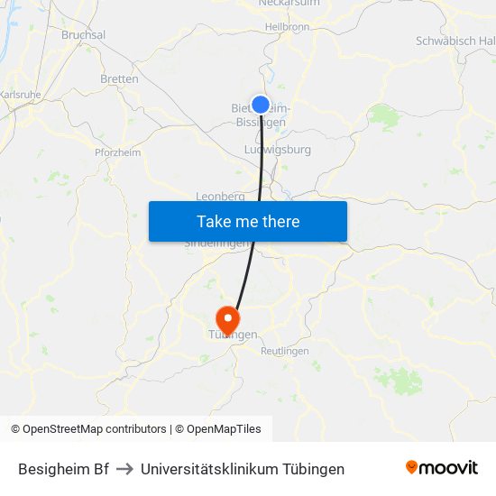 Besigheim Bf to Universitätsklinikum Tübingen map