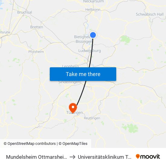 Mundelsheim Ottmarsheimer Str. to Universitätsklinikum Tübingen map
