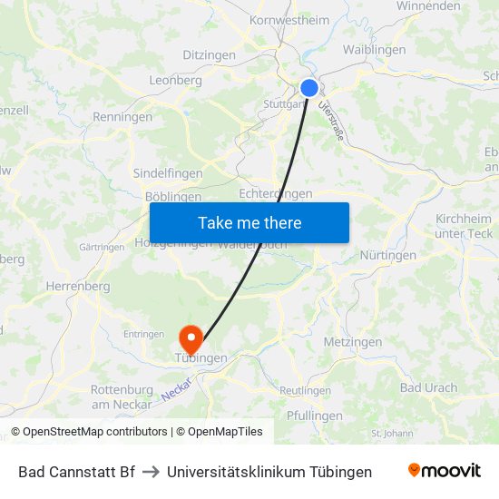 Bad Cannstatt Bf to Universitätsklinikum Tübingen map