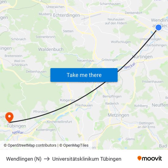 Wendlingen (N) to Universitätsklinikum Tübingen map