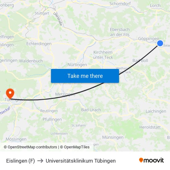 Eislingen (F) to Universitätsklinikum Tübingen map