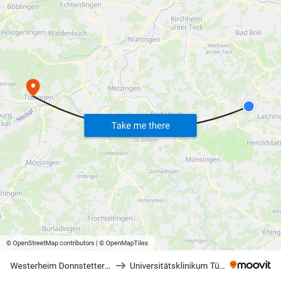 Westerheim Donnstetter Straße to Universitätsklinikum Tübingen map