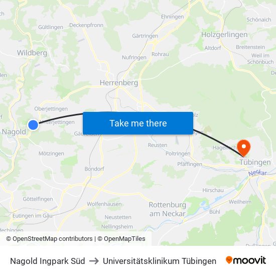 Nagold Ingpark Süd to Universitätsklinikum Tübingen map