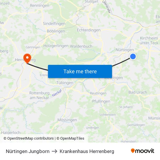 Nürtingen Jungborn to Krankenhaus Herrenberg map