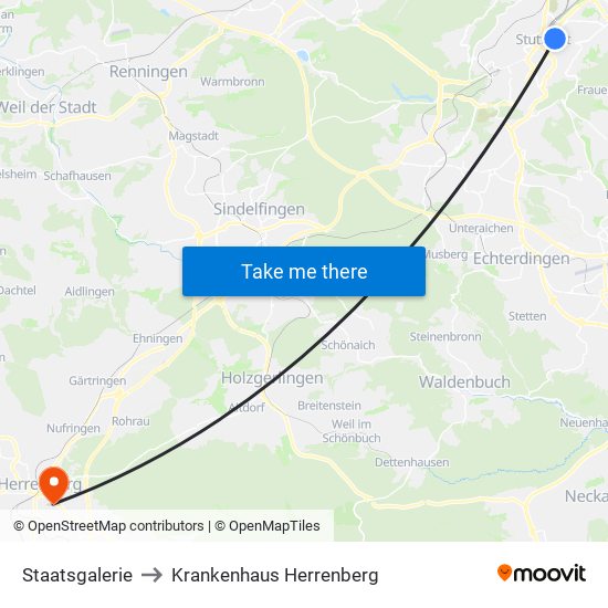 Staatsgalerie to Krankenhaus Herrenberg map
