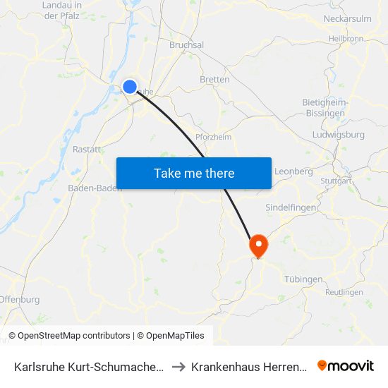 Karlsruhe Kurt-Schumacher-Str. to Krankenhaus Herrenberg map