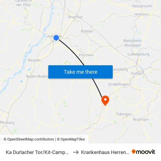 Ka Durlacher Tor/Kit-Campus Süd to Krankenhaus Herrenberg map