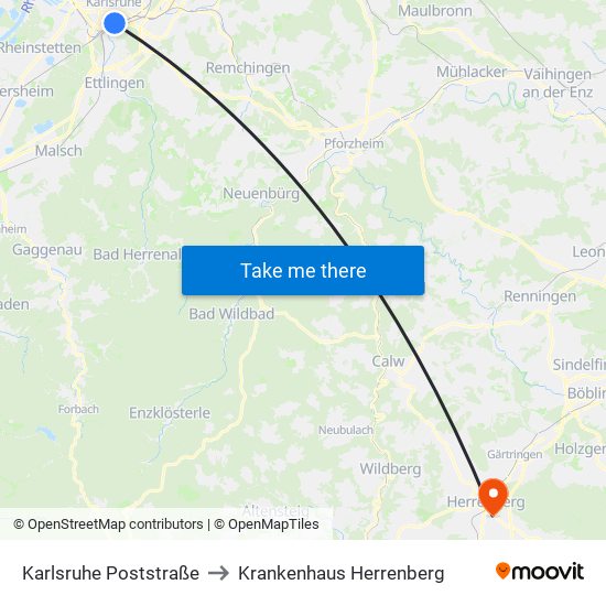 Karlsruhe Poststraße to Krankenhaus Herrenberg map