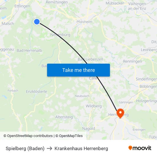 Spielberg (Baden) to Krankenhaus Herrenberg map