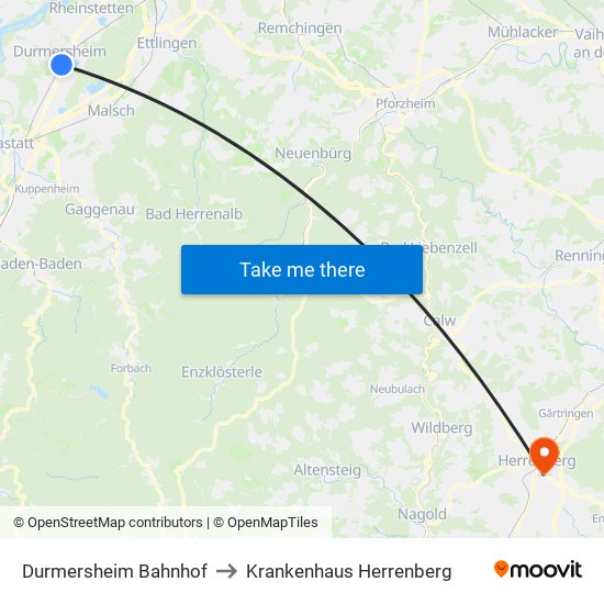 Durmersheim Bahnhof to Krankenhaus Herrenberg map