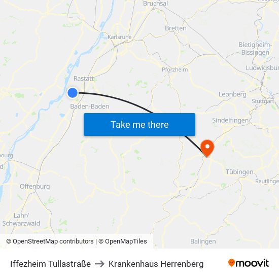 Iffezheim Tullastraße to Krankenhaus Herrenberg map