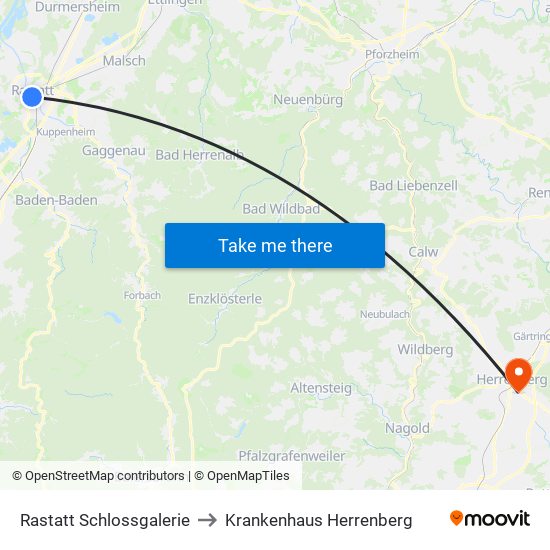 Rastatt Schlossgalerie to Krankenhaus Herrenberg map