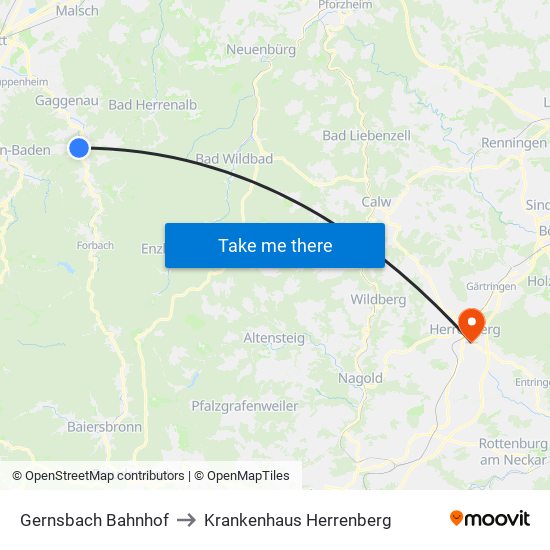 Gernsbach Bahnhof to Krankenhaus Herrenberg map