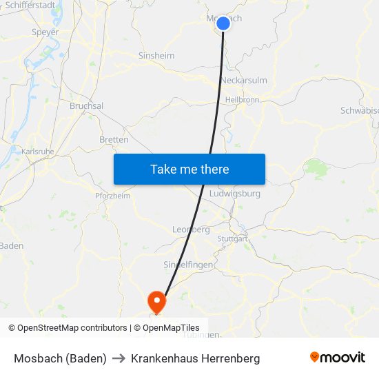 Mosbach (Baden) to Krankenhaus Herrenberg map