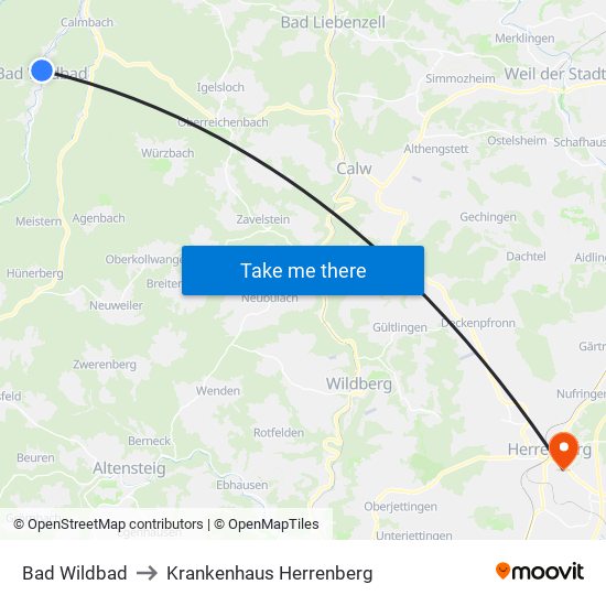 Bad Wildbad to Krankenhaus Herrenberg map
