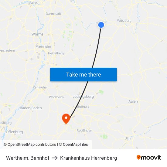 Wertheim, Bahnhof to Krankenhaus Herrenberg map