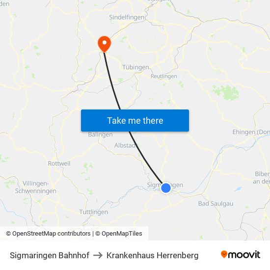 Sigmaringen Bahnhof to Krankenhaus Herrenberg map