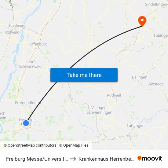 Freiburg Messe/Universität to Krankenhaus Herrenberg map